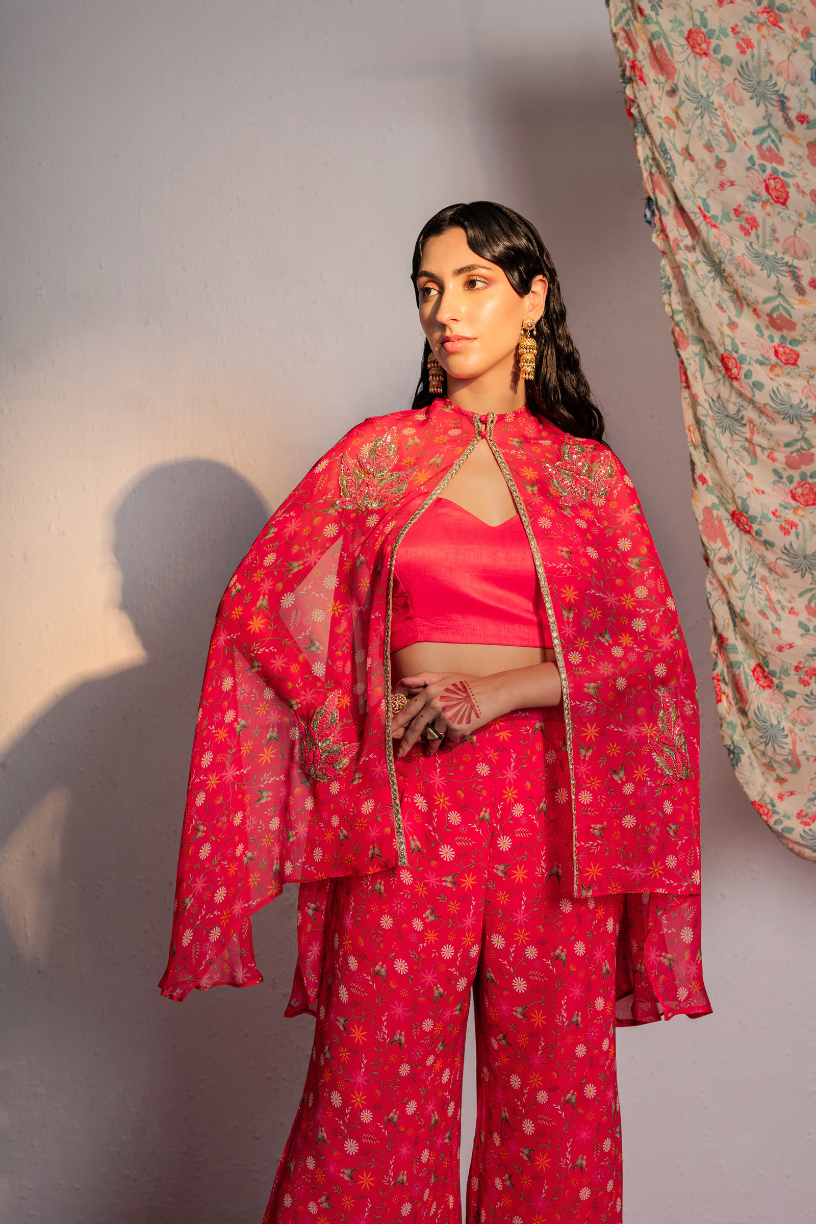 Embroidered Printed Hot Pink Cape & Pants Set