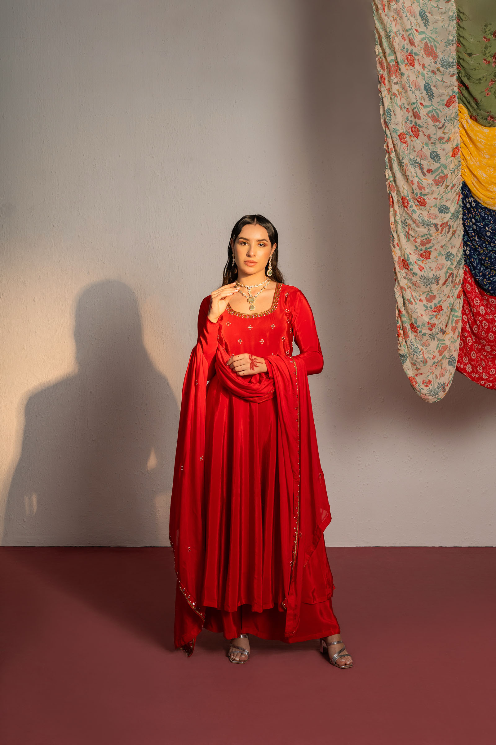 Red Embroidered Anarkali Suit Set