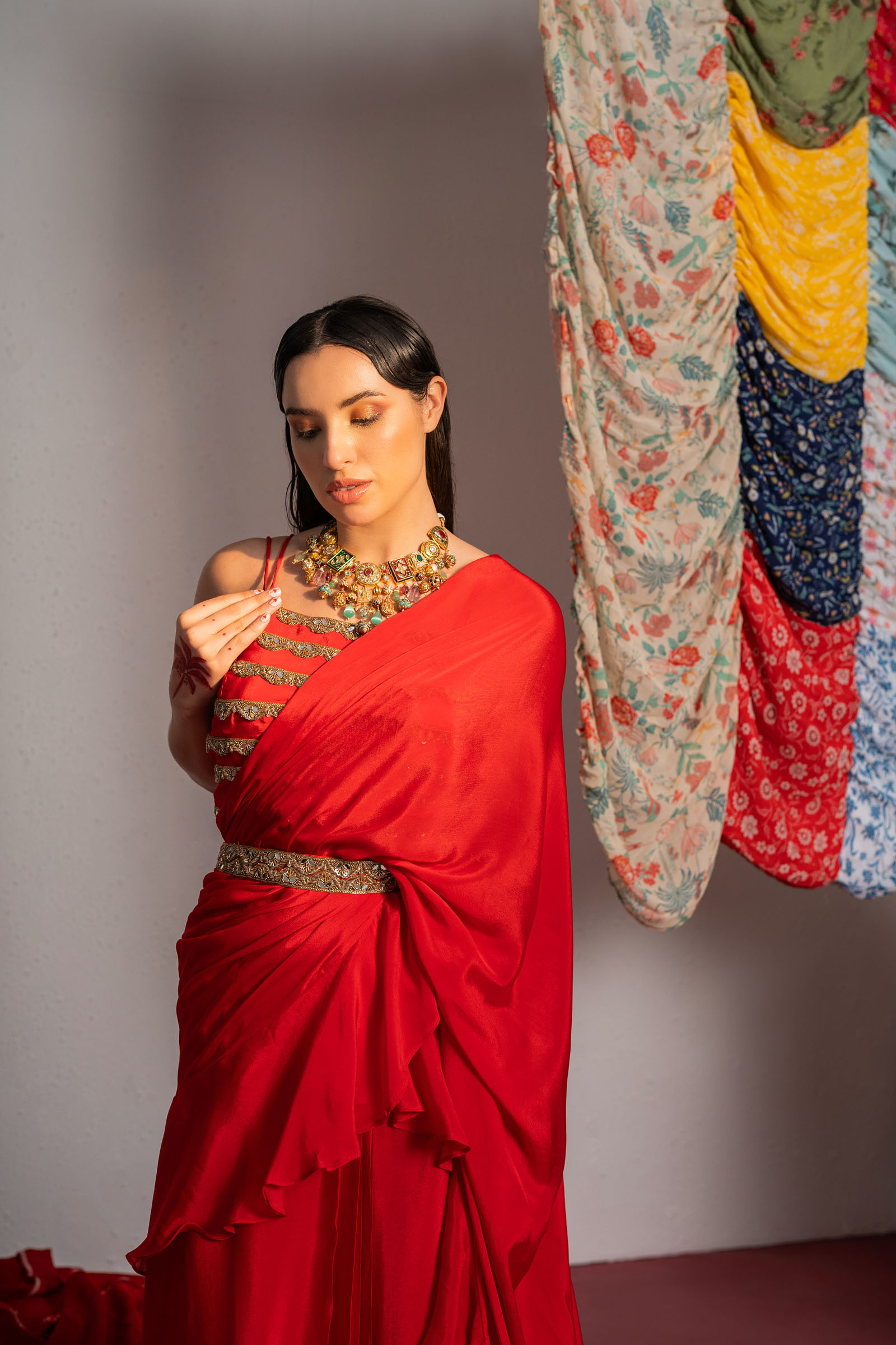 Red Embroidered Drape Saree Set