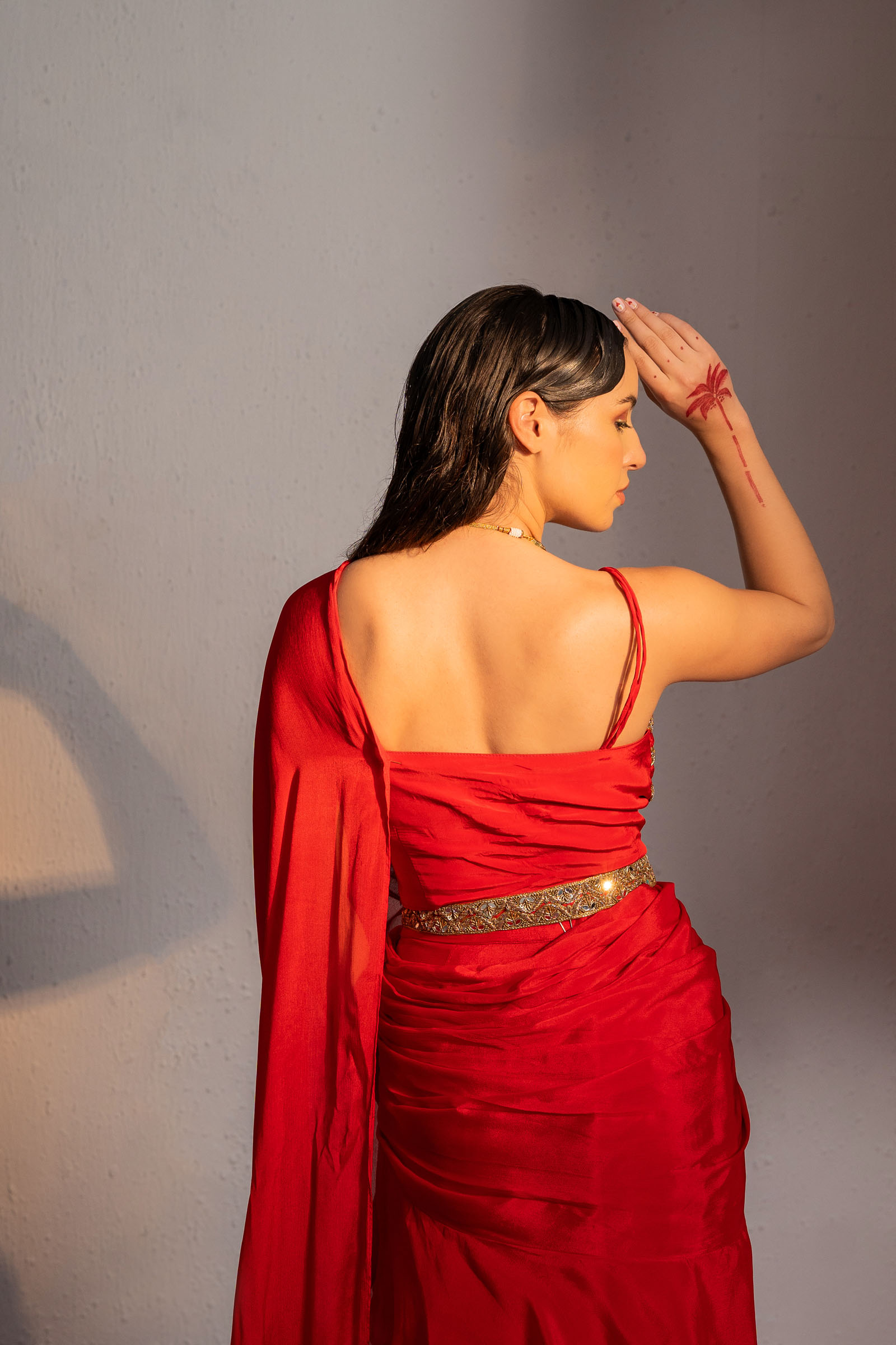 Red Embroidered Drape Saree Set