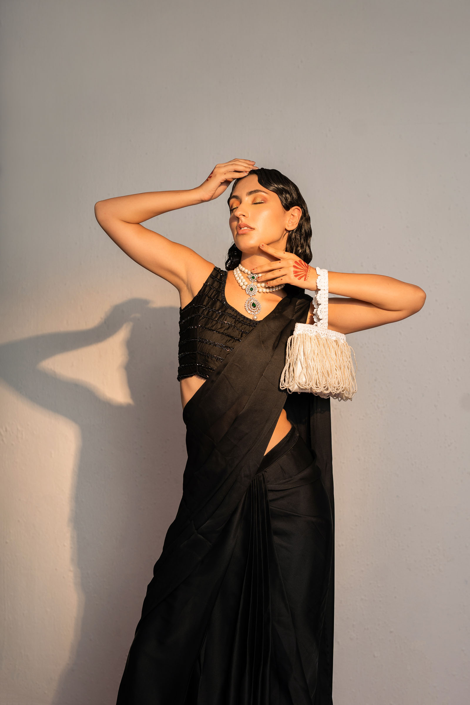 Black Embroidered Drape Saree Set
