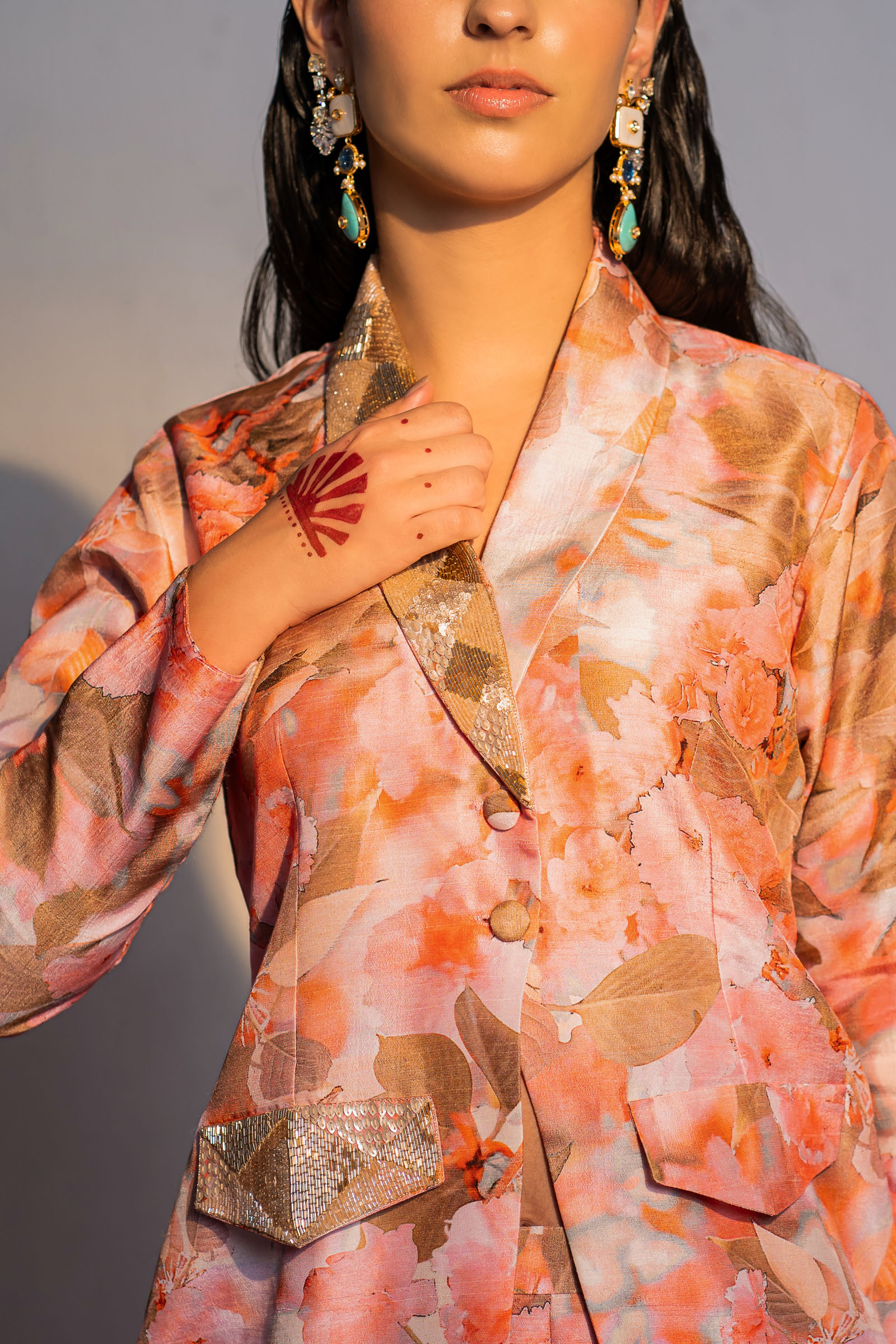 Embroidered Print Coral Pink Blazer Suit