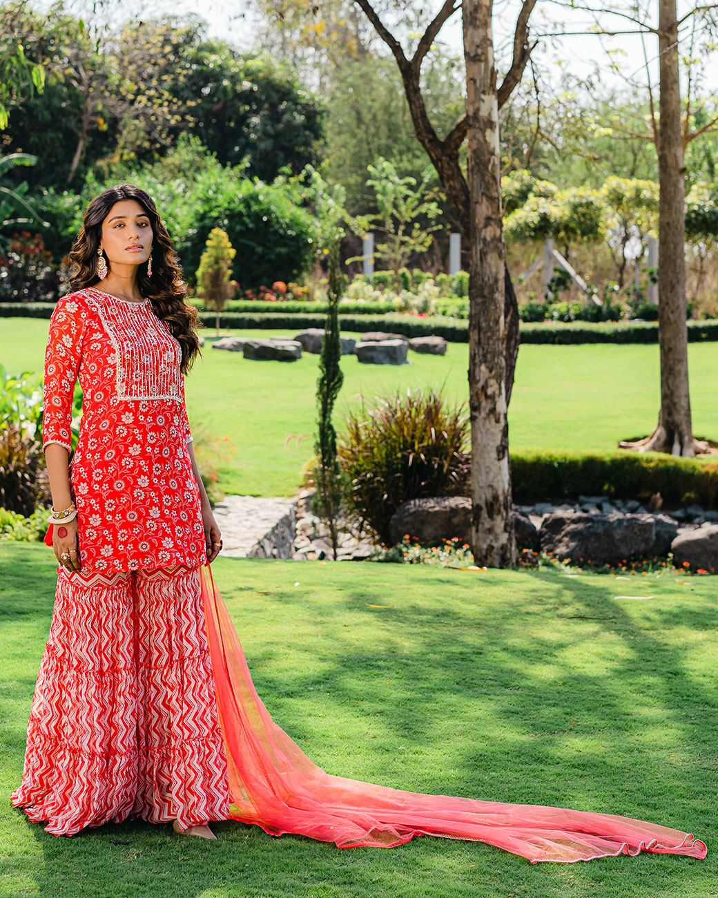 Floral Print Cherry Red Sharara Suit