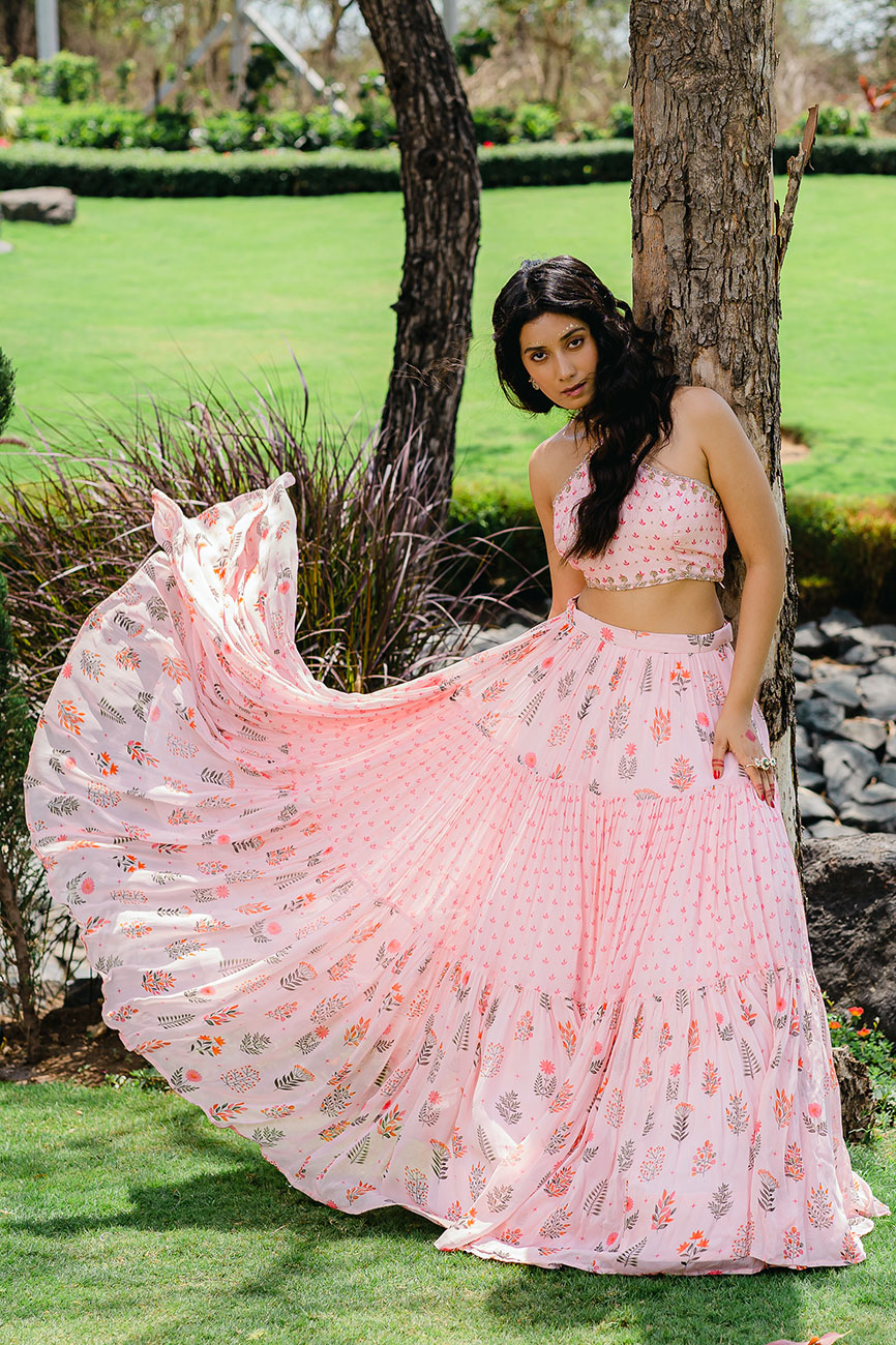 Floral Print Blush Pink Crop Top and Skirt Set