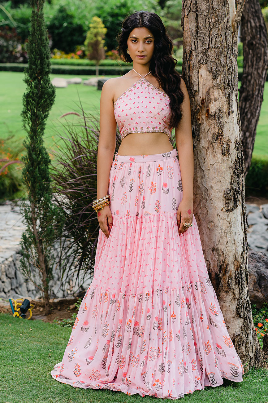 Floral Print Blush Pink Crop Top and Skirt Set