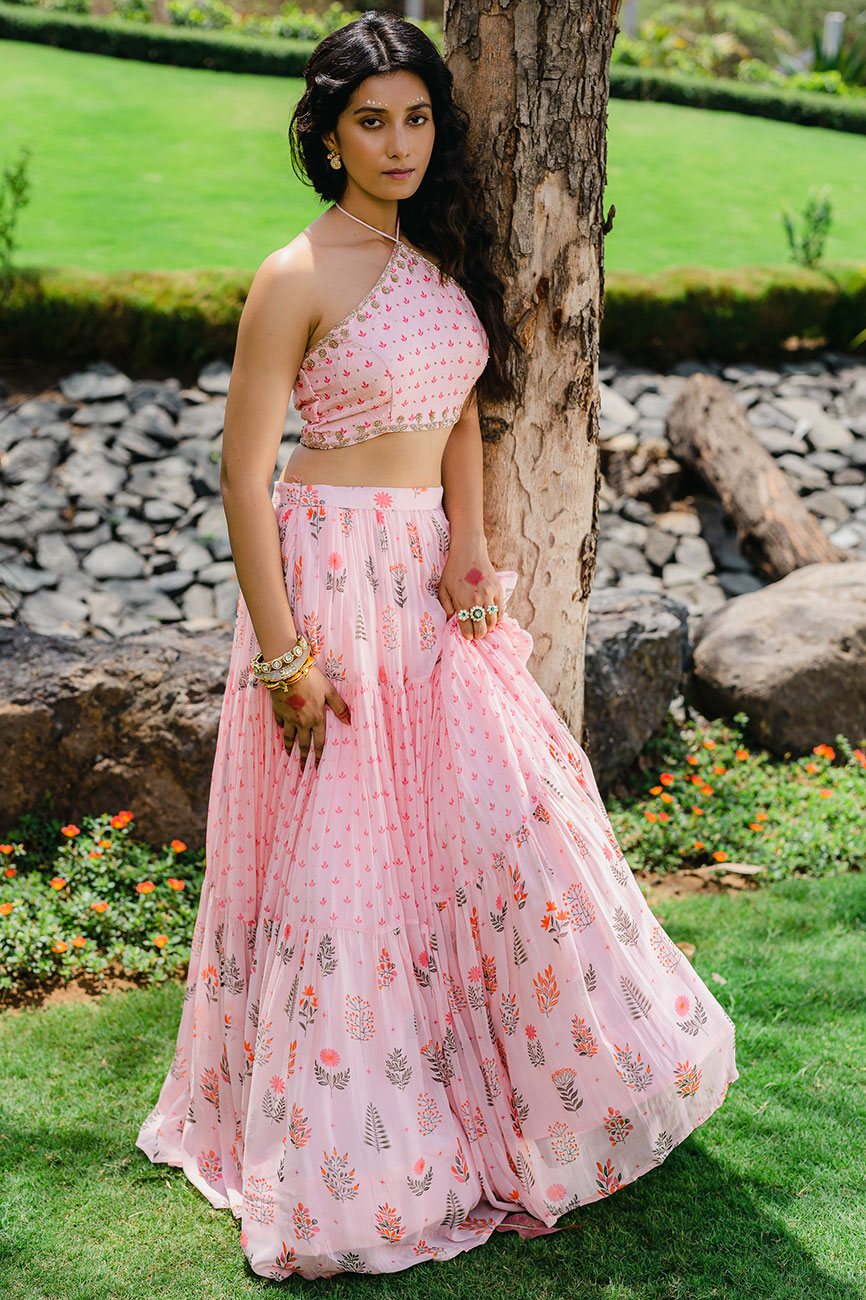 Floral Print Blush Pink Crop Top and Skirt Set