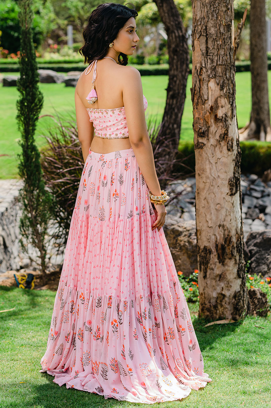 Floral Print Blush Pink Crop Top and Skirt Set