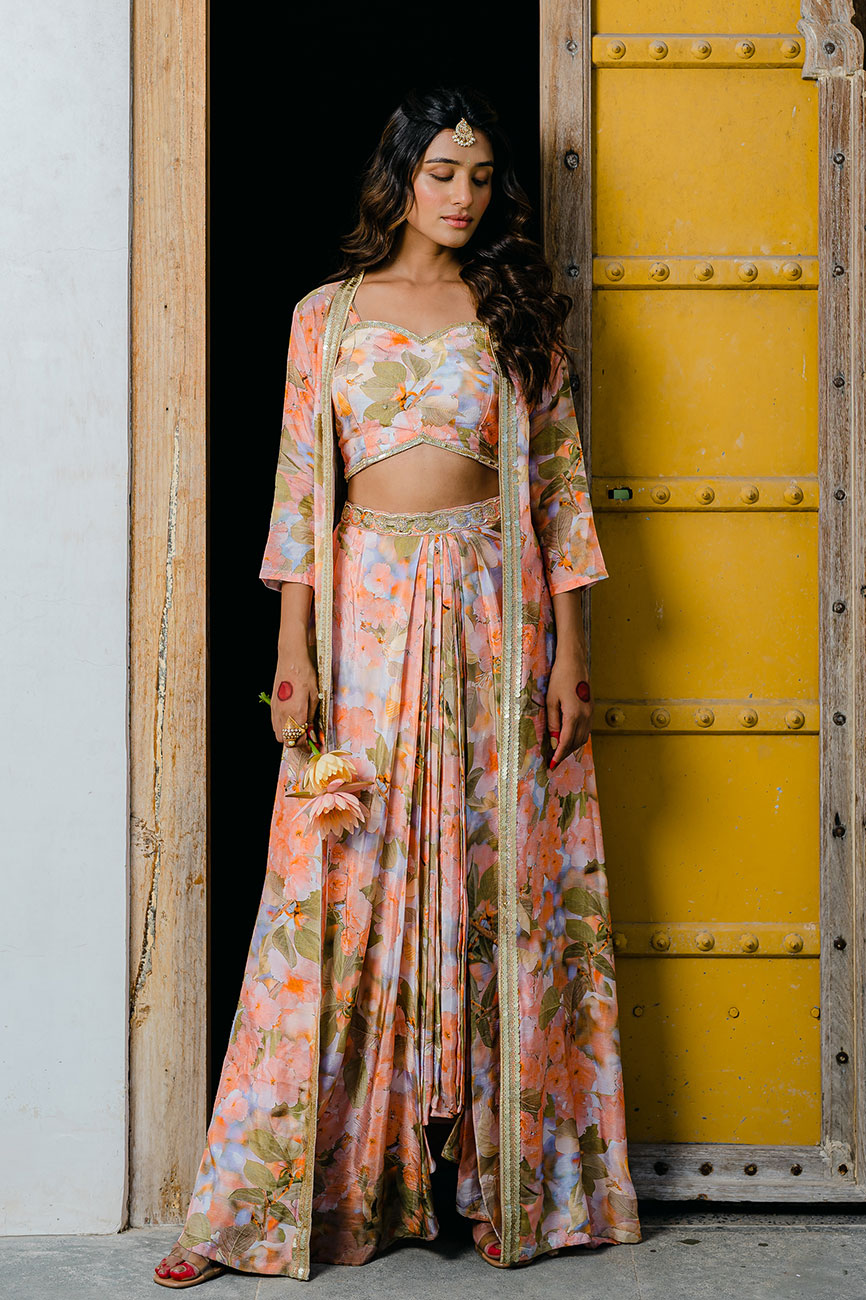 Coral Peach Printed & Embroidered Long Jacket & Skirt Set