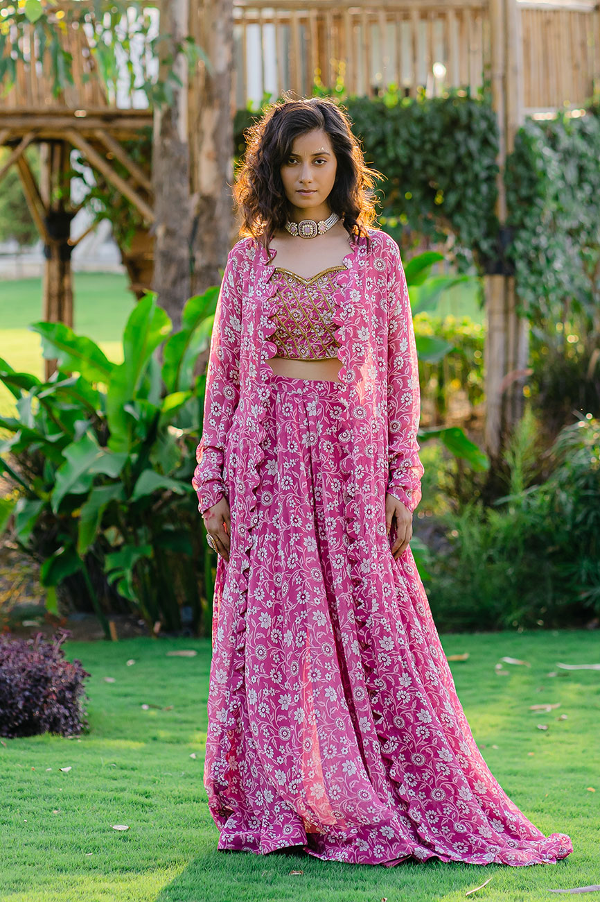 Embroidered Long Mauve Printed Jacket with Pallazo Pant