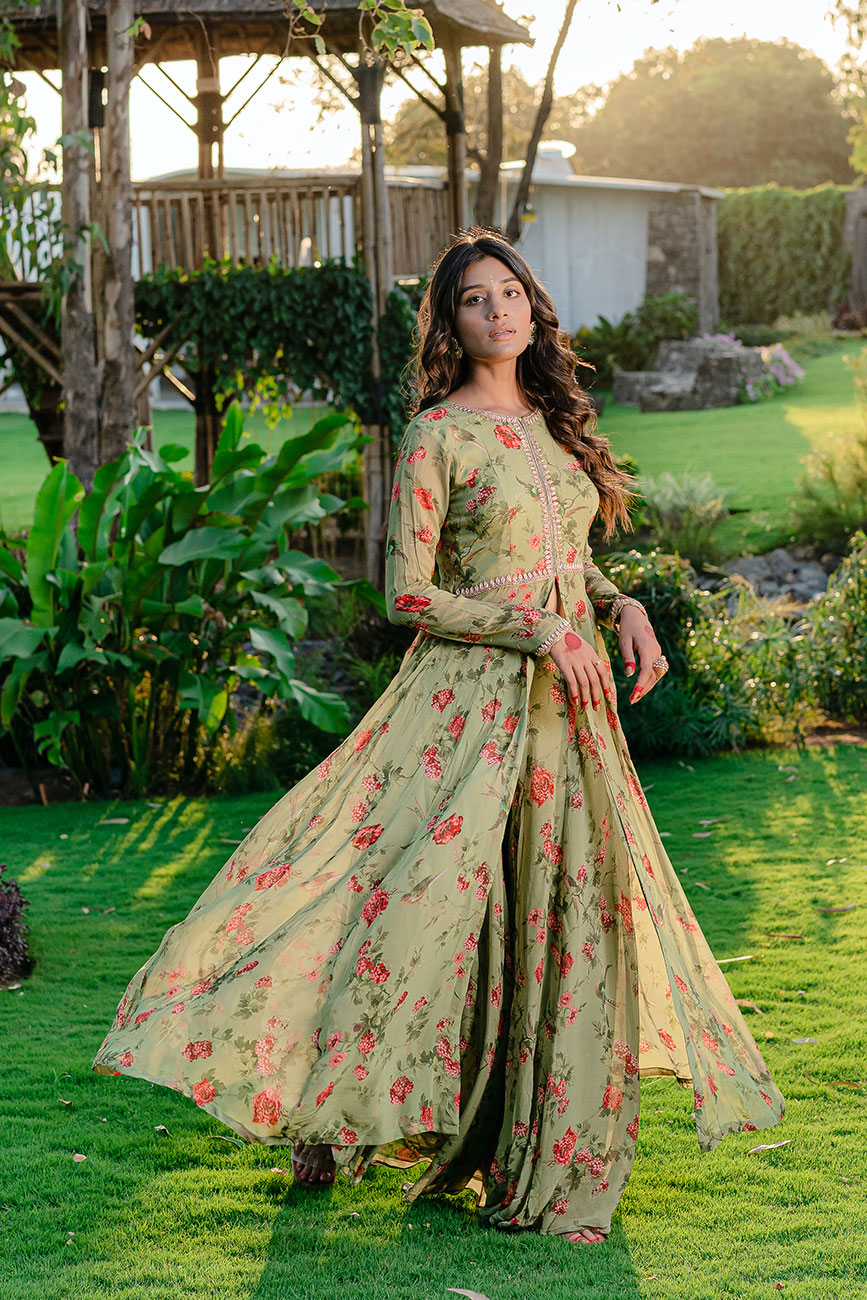 Buy Mehndi Functional Net Fabric Anarkali Suit in Green Color