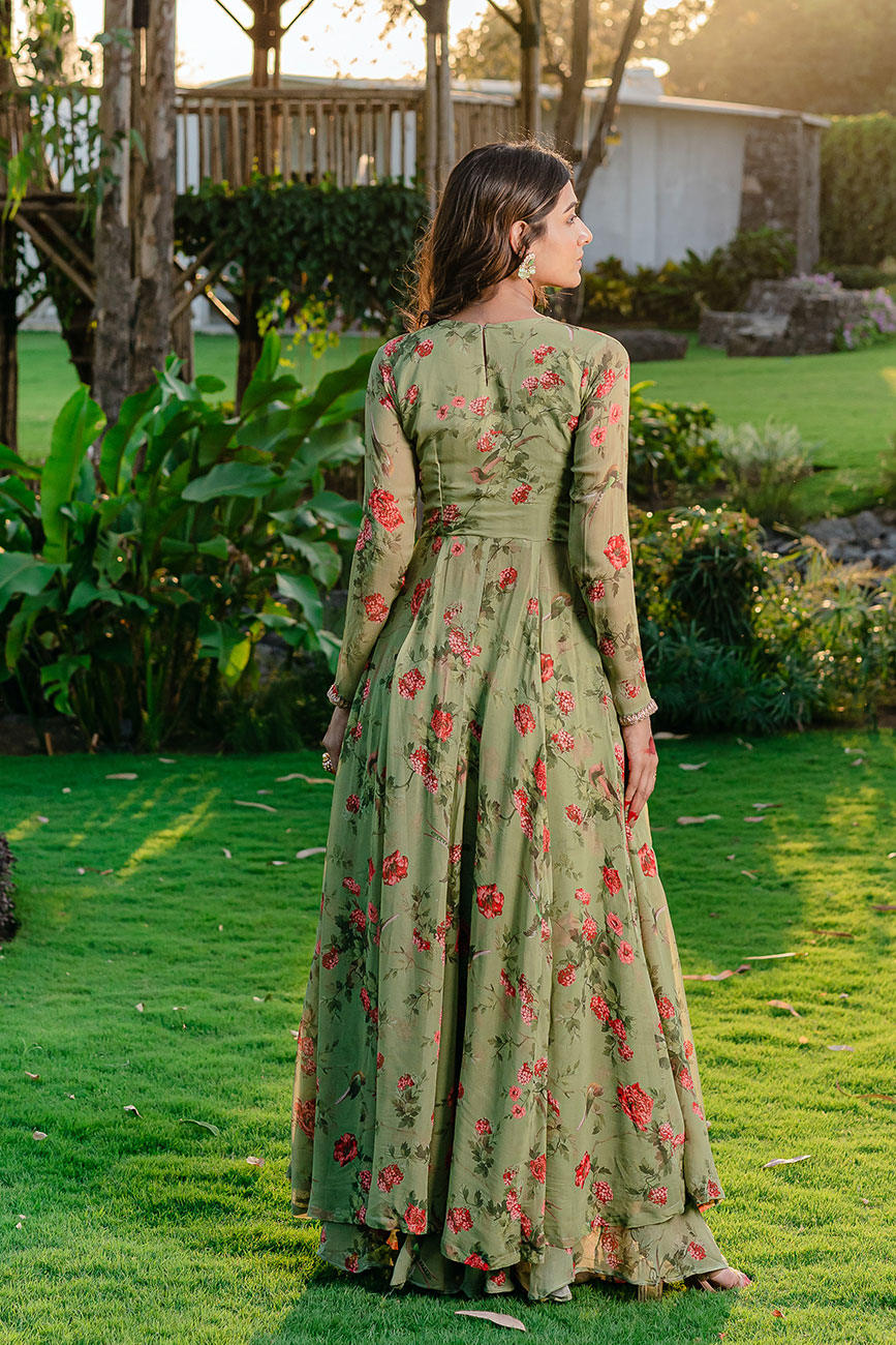 Embroidered Printed Pista Green Colour Anarkali Suit