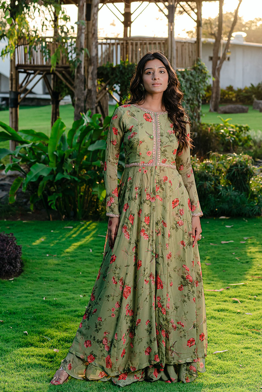 Embroidered Printed Pista Green Colour Anarkali Suit
