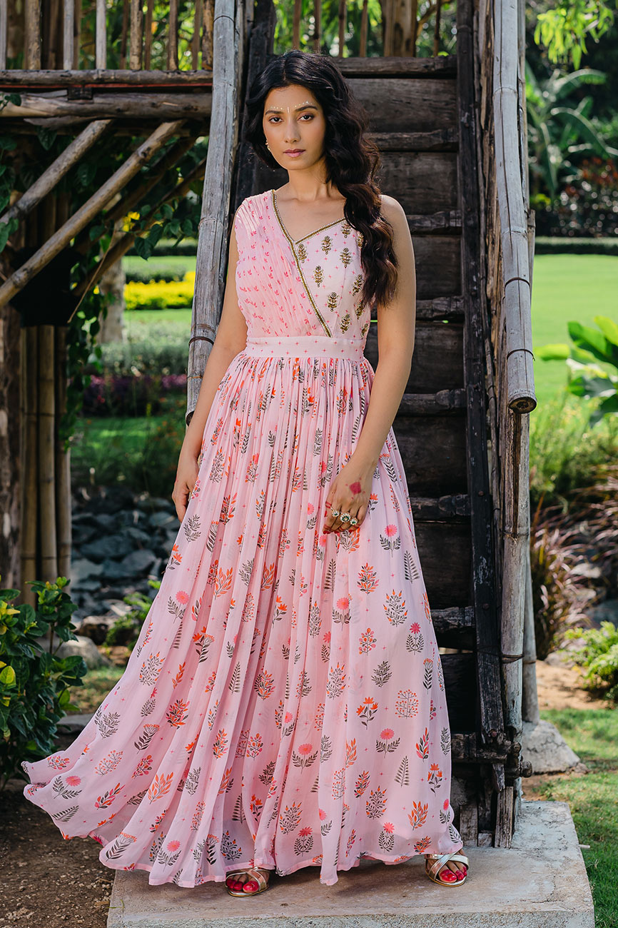 Floral Print Embroidered Blush Pink Colour Gown