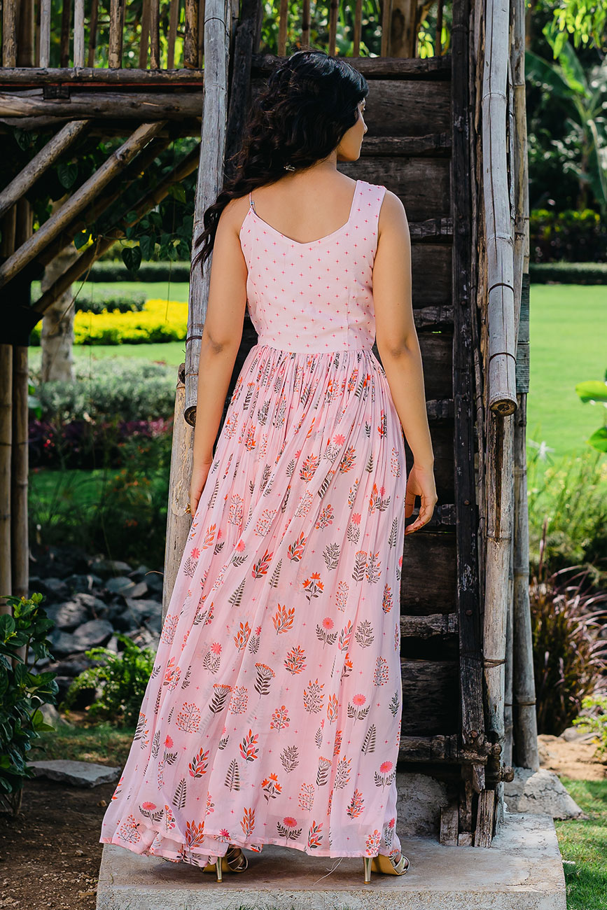 Floral Print Embroidered Blush Pink Colour Gown