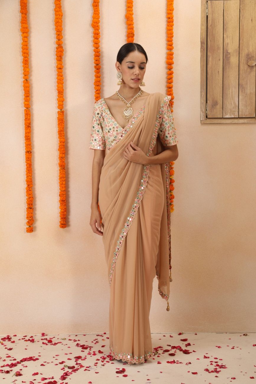 Beige Pink Mirror Work Saree