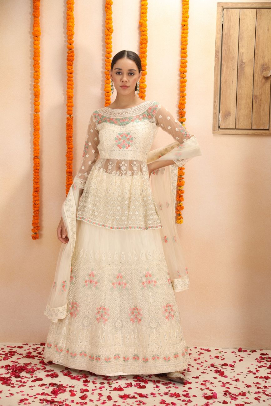 Floral Embroidered Peplum White Lehenga Choli