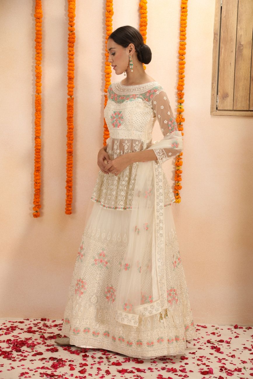 Floral Embroidered Peplum White Lehenga Choli