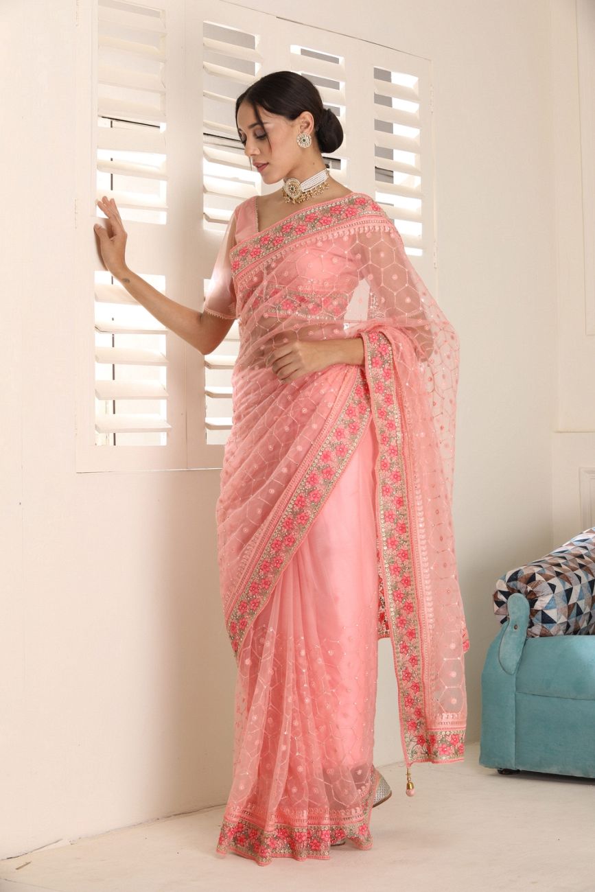  Embroidered Pink Net Saree