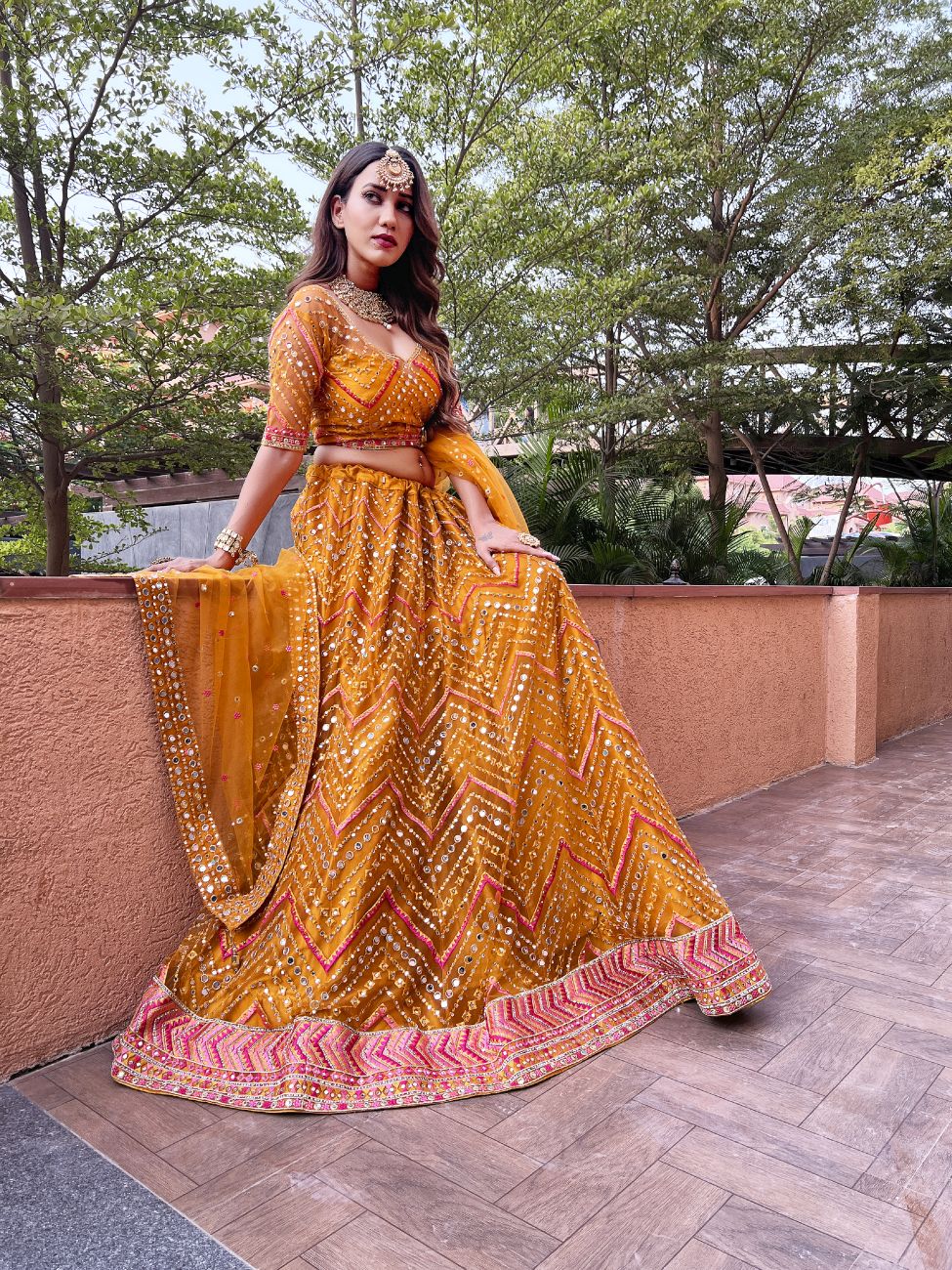 Mustard Yellow Phulkari Lehenga