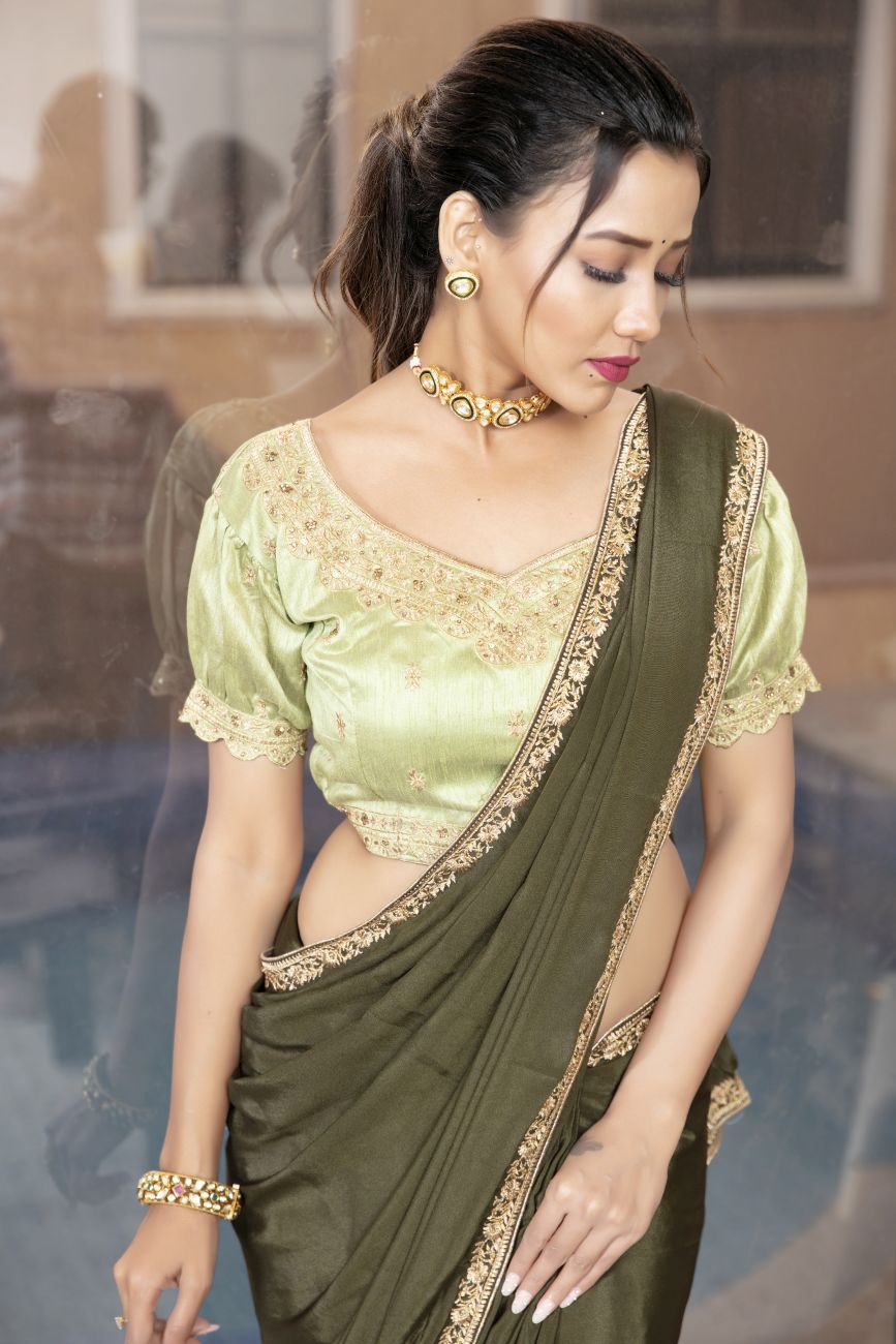 Crepe Olive Green Embroidered Saree