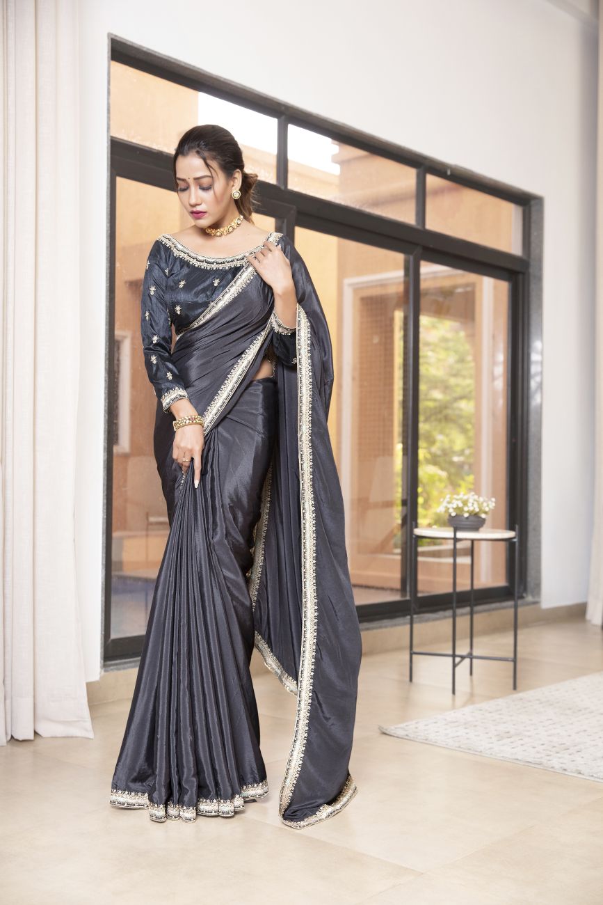 Dark Grey Crepe Embroidered Saree