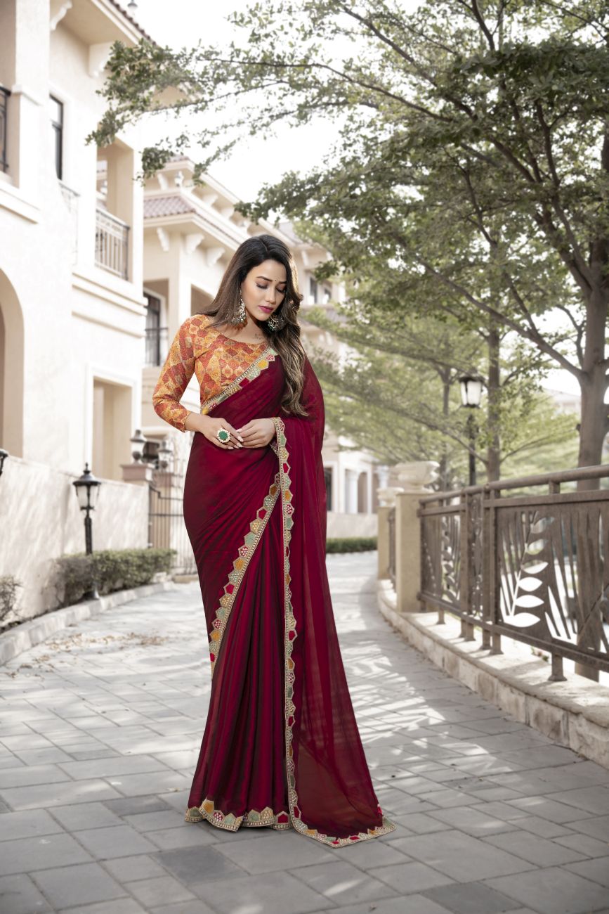 Chiffon Maroon Satin Saree