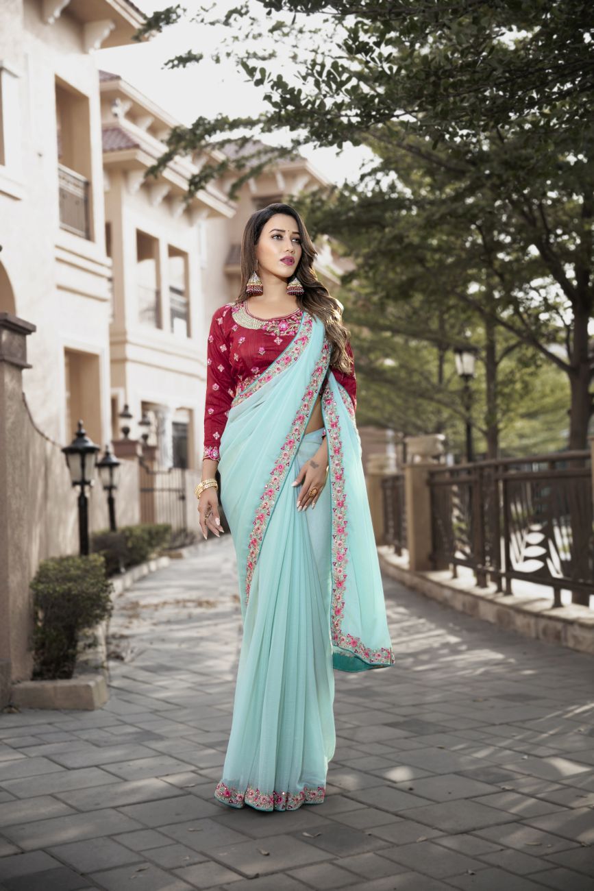 Sky Blue Chiffon Saree