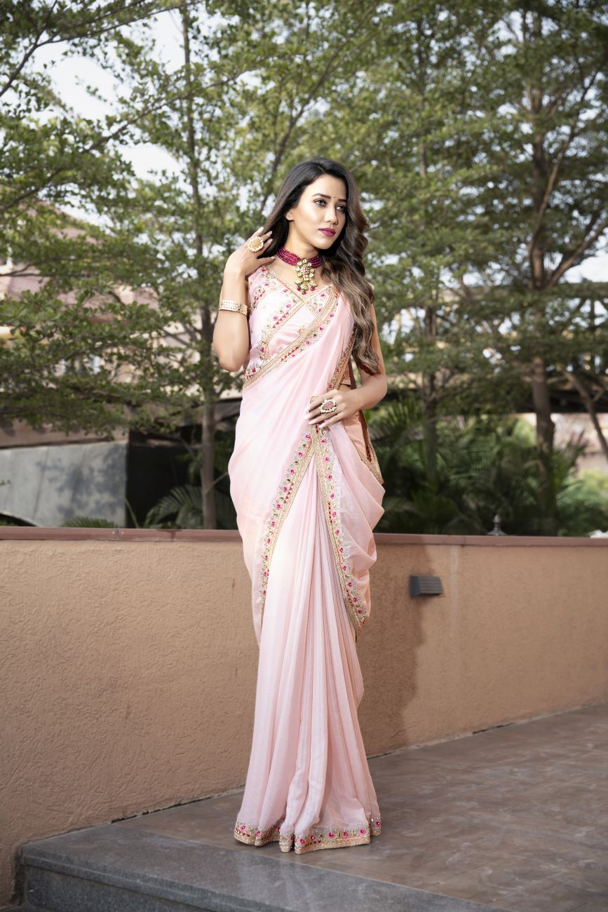 Crepe Embroidered Pink Colour Saree