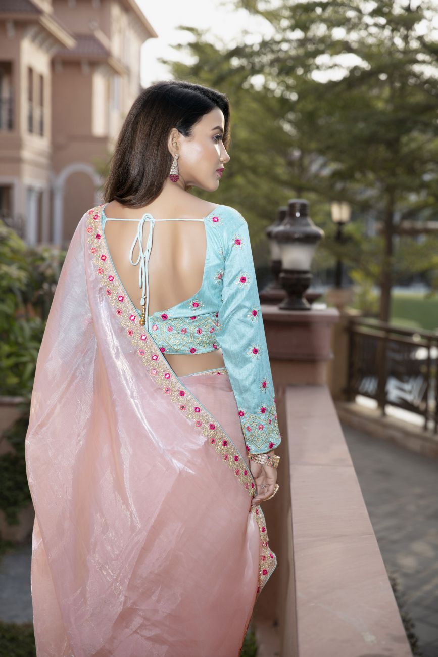 Peachish Pink Embroidered Saree