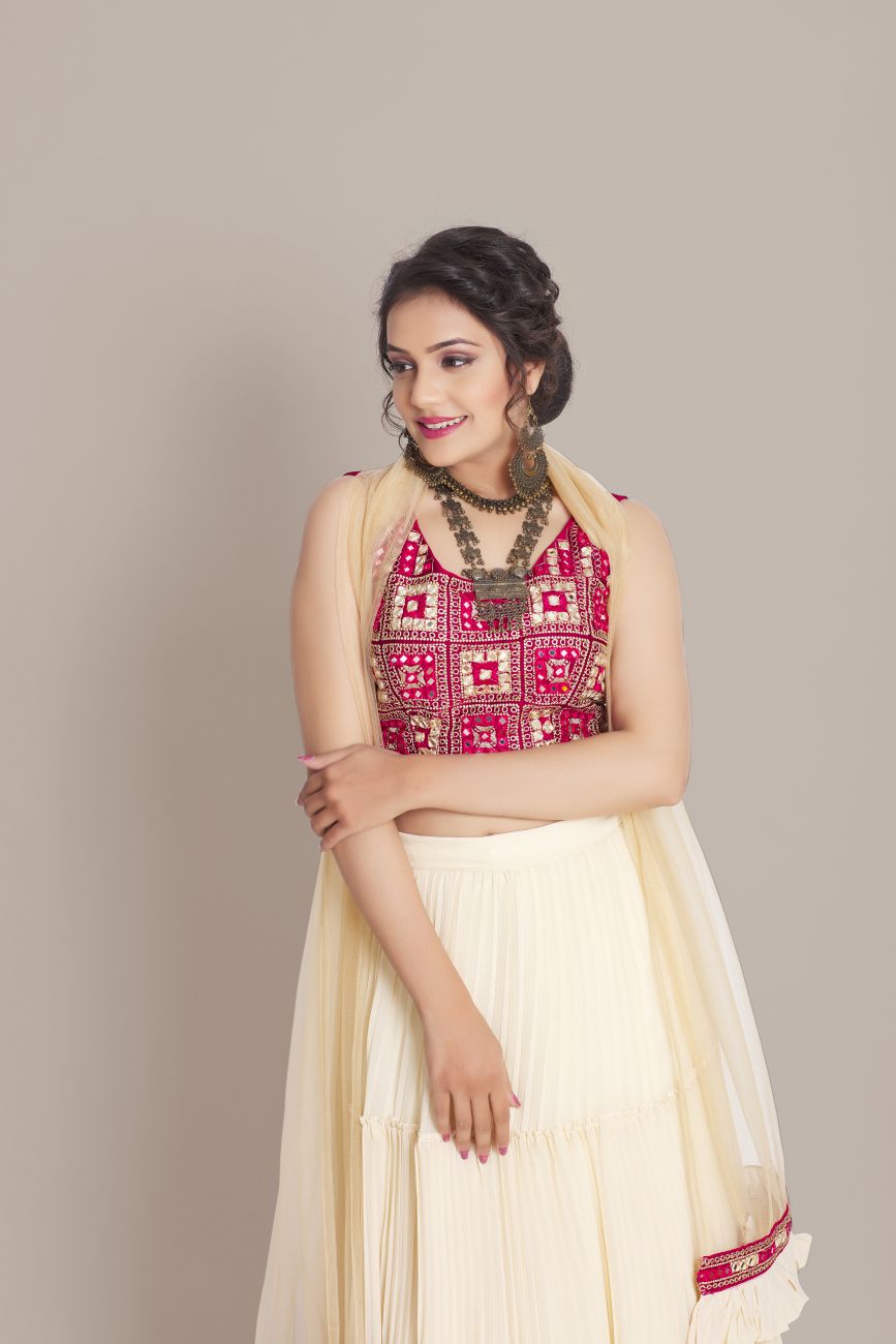 Pleated Embroidered  Off White and Red Lehenga