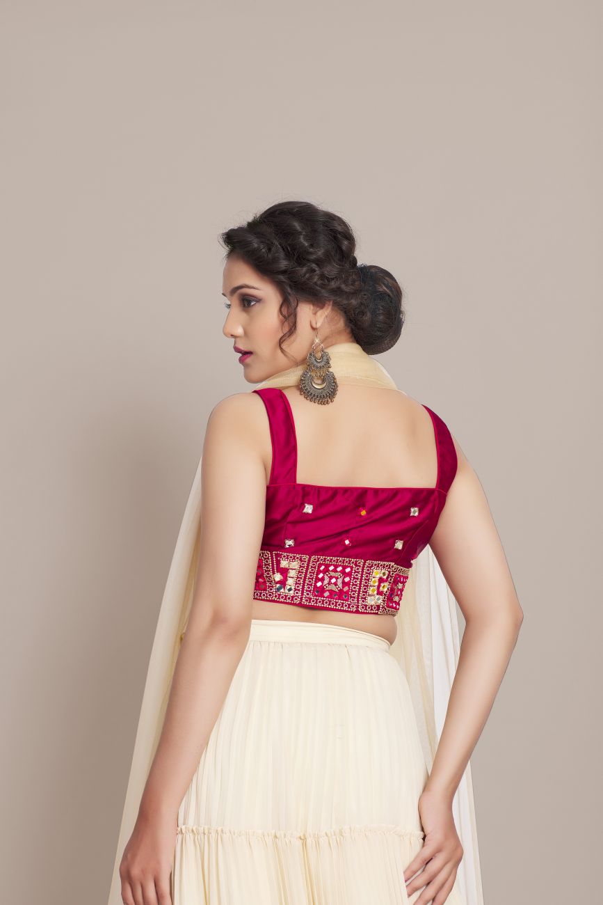 Pleated Embroidered  Off White and Red Lehenga