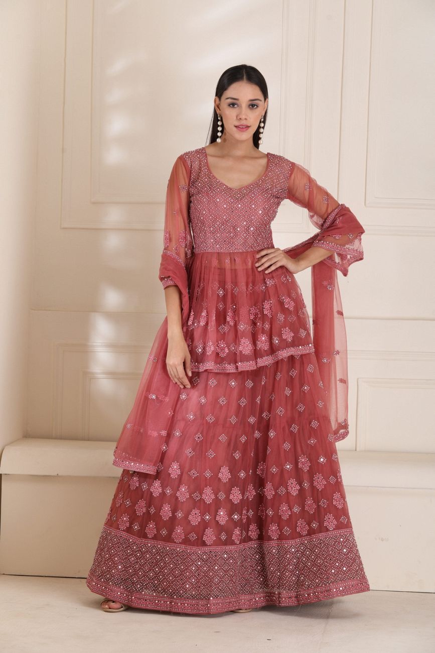 Embroidered Peplum Dusty Onion Pink Lehenga