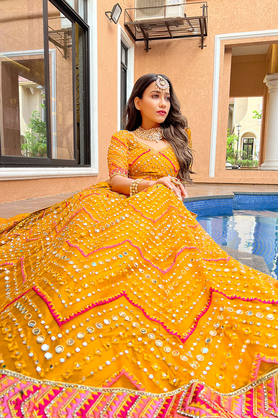 Mustard Yellow Phulkari Lehenga